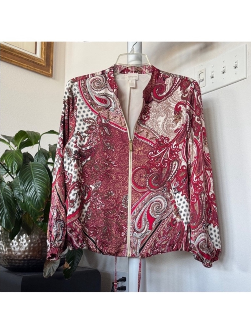 Chico’s Paisley Satin Bomber Jacket Sz M Petite Full Zip Drawstring Red Black